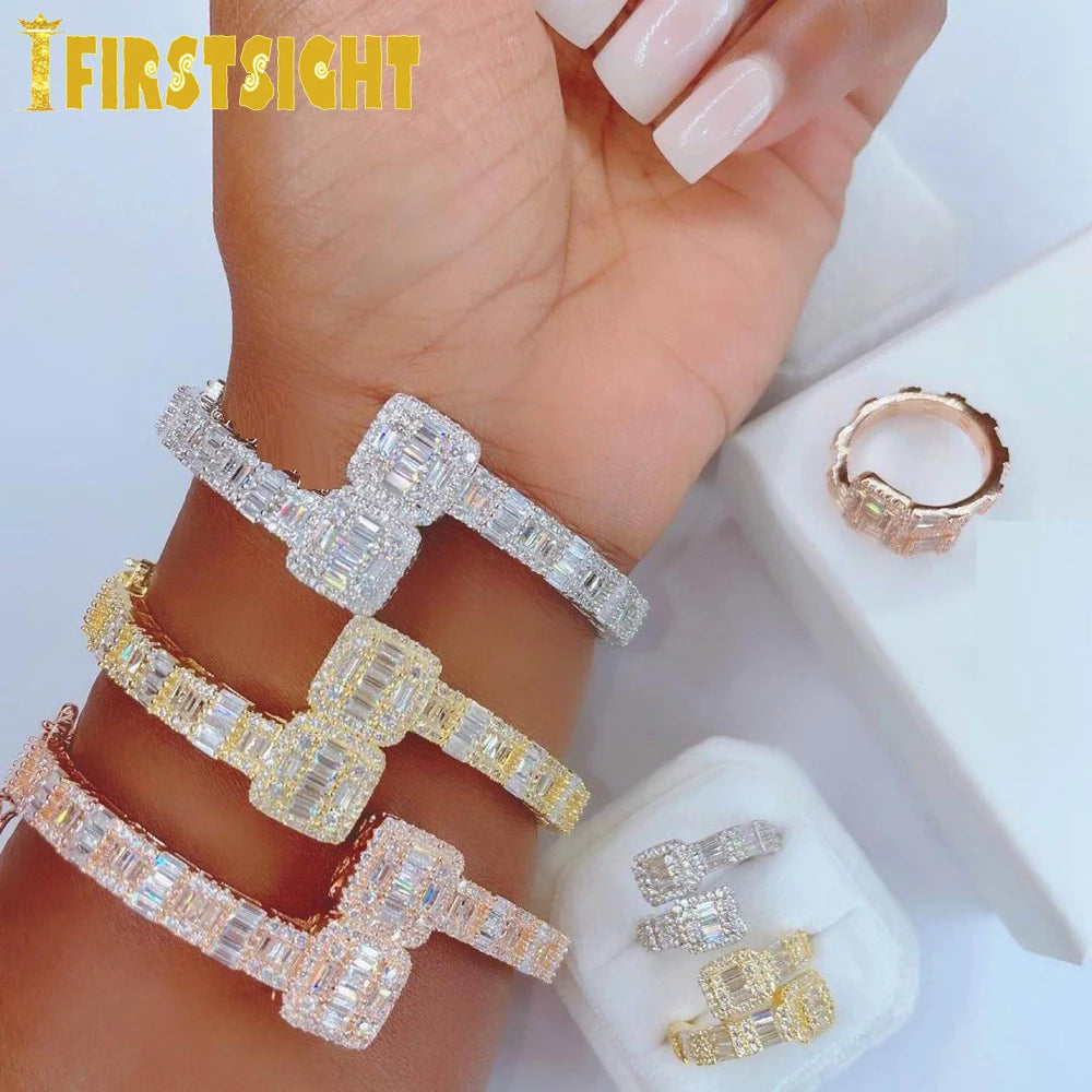 New Iced Out Bling Opened Square Zircon Charm Bracelet Gold Silver Color Rectangle AAA CZ Bangle For Men Women Hiphop Jewelry