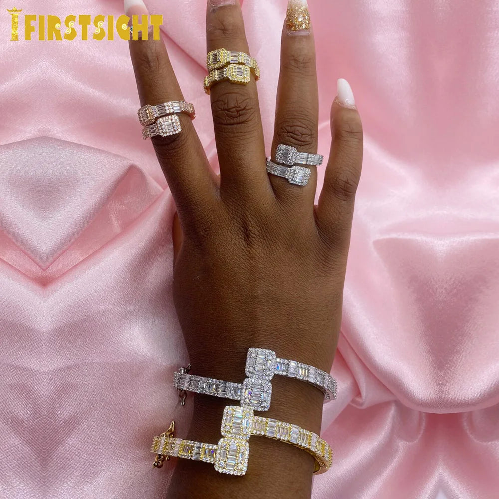 New Iced Out Bling Opened Square Zircon Charm Bracelet Gold Silver Color Rectangle AAA CZ Bangle For Men Women Hiphop Jewelry