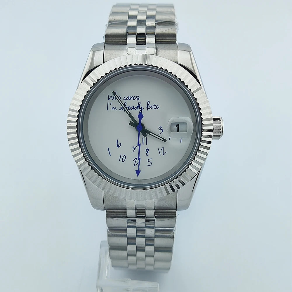 39mm/36mm NH35 Watch Who cares im already late Watch No Logo Blue Dial Sapphire Crystal Glass NH35 Automatic Movement