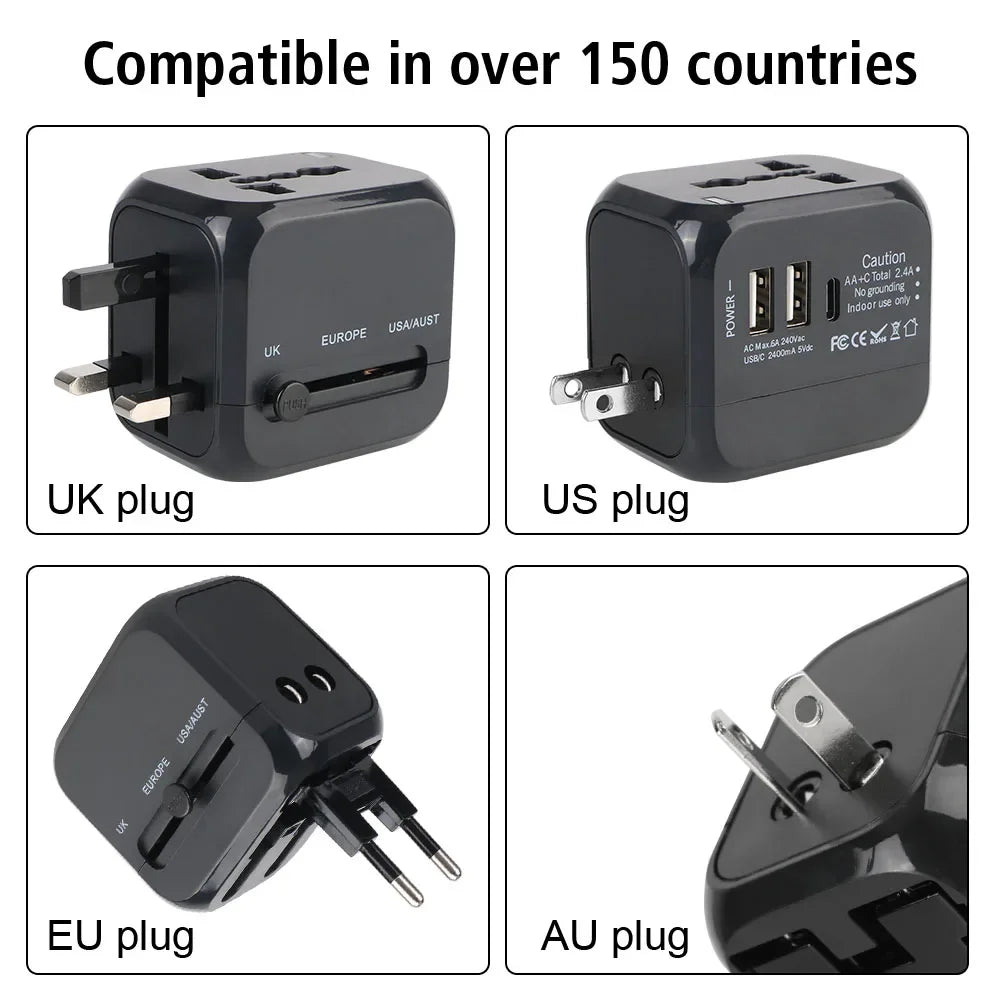All-in-one Wall Charger Travel Adapter 6A US EU UK AU plug Travel Charger with 2 USB Port and 1 Type C Universal