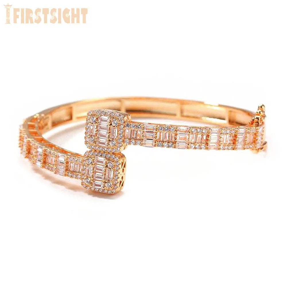 New Iced Out Bling Opened Square Zircon Charm Bracelet Gold Silver Color Rectangle AAA CZ Bangle For Men Women Hiphop Jewelry