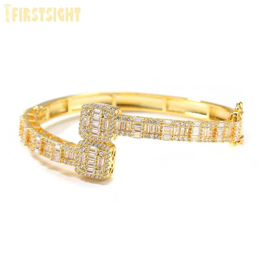 New Iced Out Bling Opened Square Zircon Charm Bracelet Gold Silver Color Rectangle AAA CZ Bangle For Men Women Hiphop Jewelry