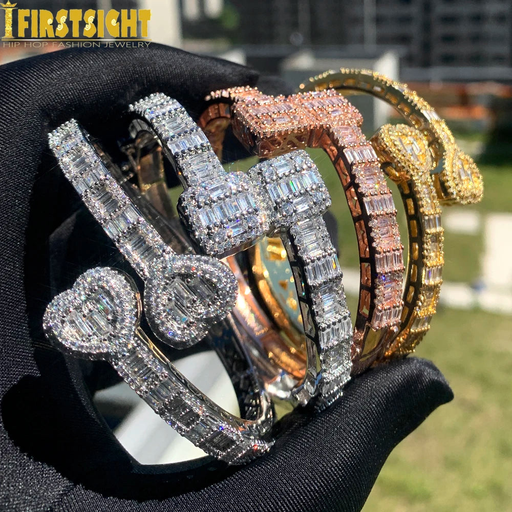 New Iced Out Bling Opened Square Zircon Charm Bracelet Gold Silver Color Rectangle AAA CZ Bangle For Men Women Hiphop Jewelry