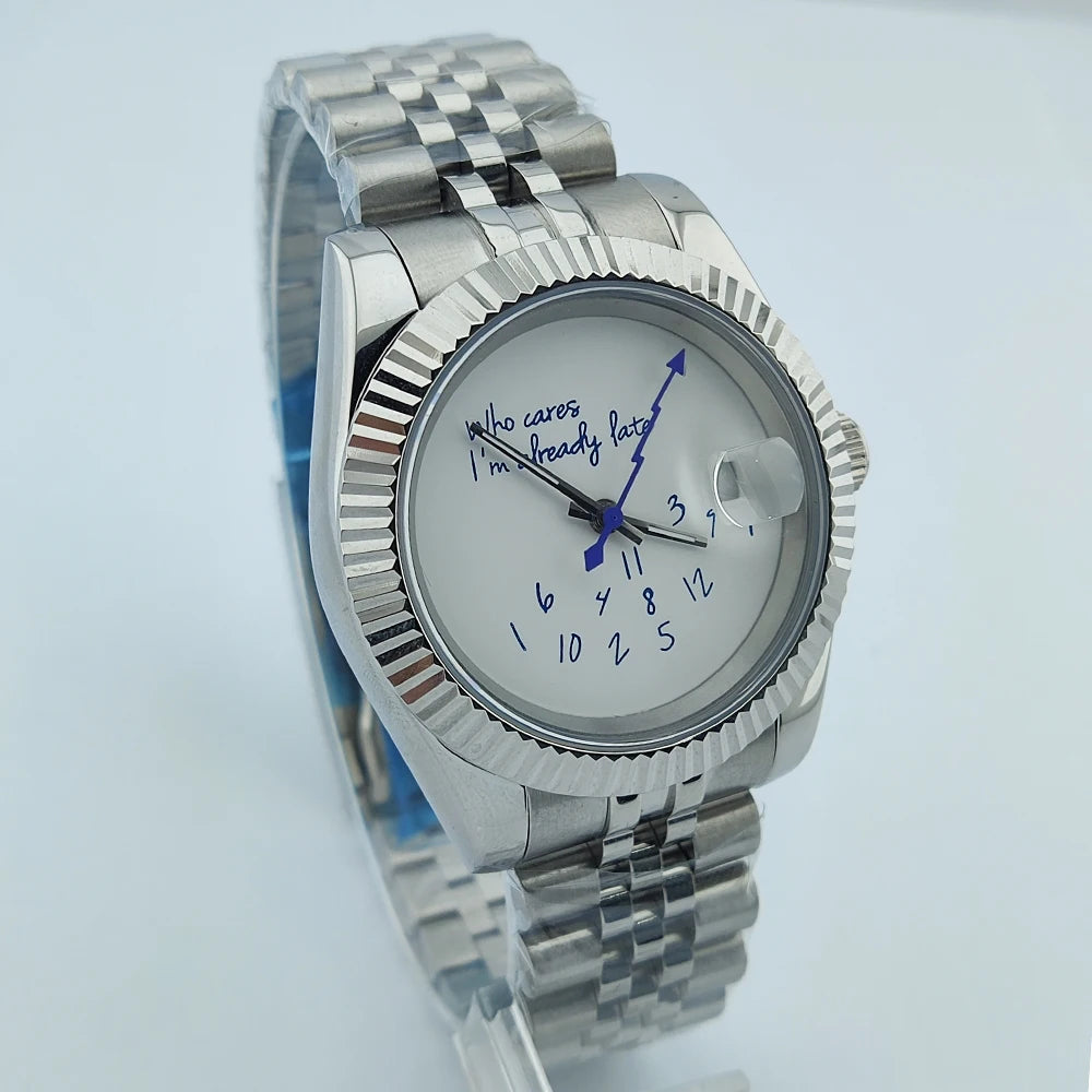 39mm/36mm NH35 Watch Who cares im already late Watch No Logo Blue Dial Sapphire Crystal Glass NH35 Automatic Movement